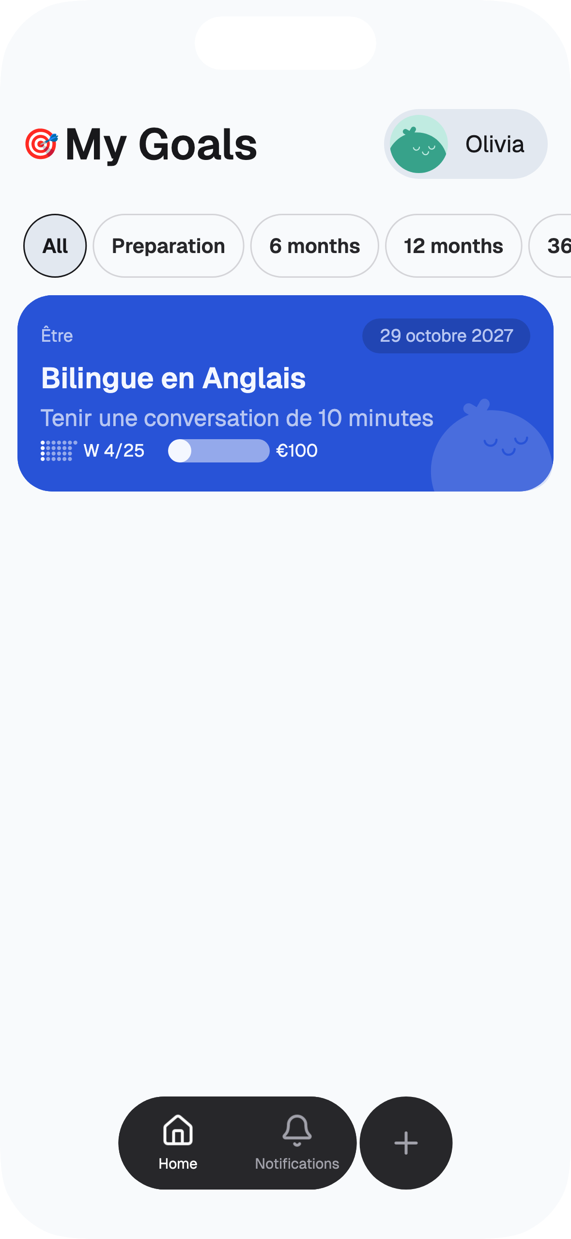 Elvy app home screen titled My Goals, with horizon filters and a goal card — Bilingue en Anglais — tracking progress toward a 10-minute conversation.